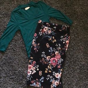 2pc set Green top + floral pencil skirt
